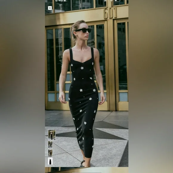 Zara Black Midi Dress with White Floral Details. Floral stretch midi. Nwt - Picture 3 of 7